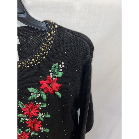 B.P. Design Women’s Christmas Sweater Size Small Black Floral Holly Gold Beads - Picture 4 of 12